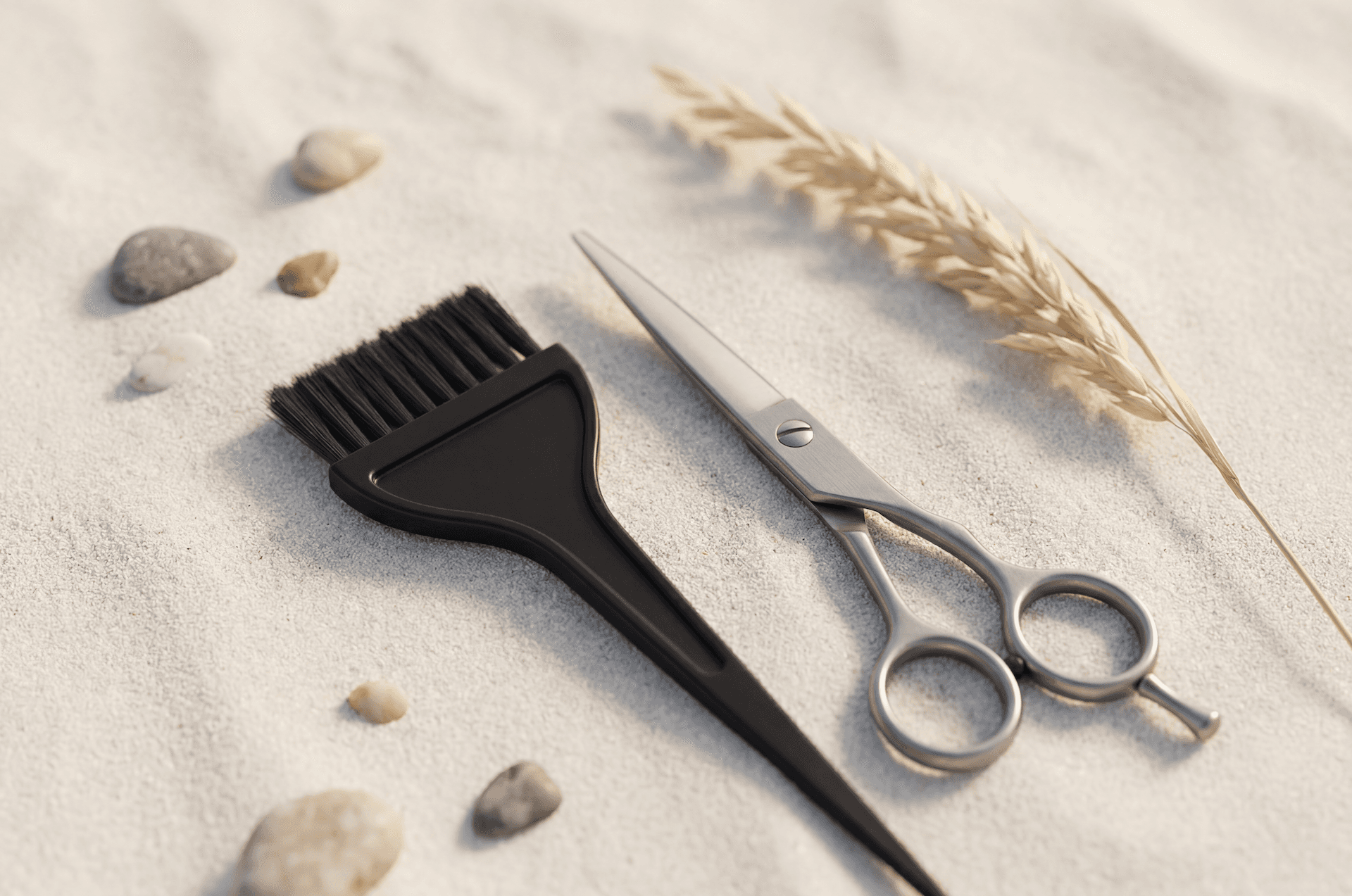 Colour brush and scissors on a station at Dolce Salon & Spa