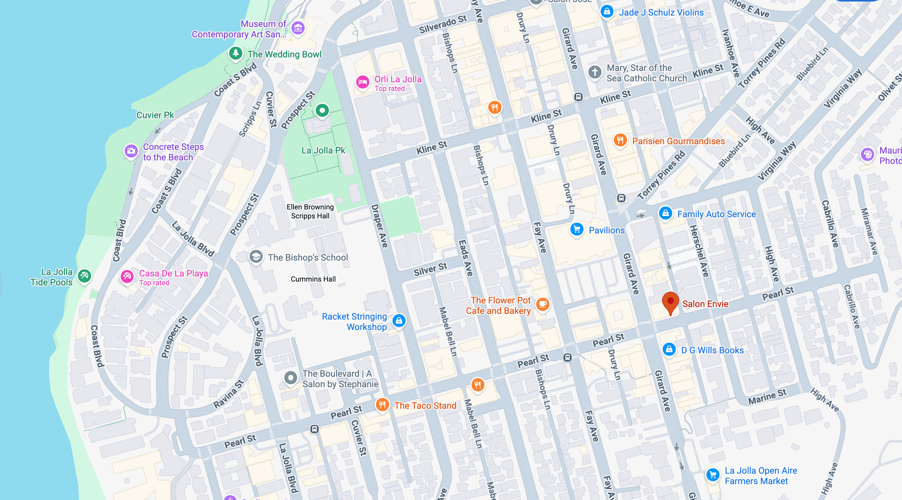 Map showing Salon Envie on Pearl Street in La Jolla